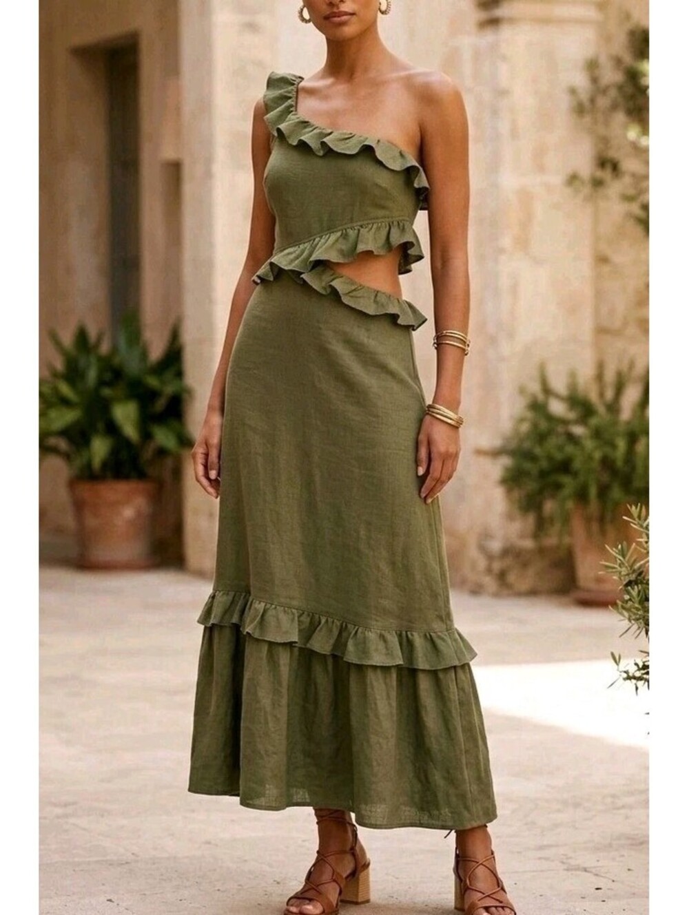 Peony Dress Womens 6 Green One Shoulder Cutout Tiered Ruffle Maxi Party Summer